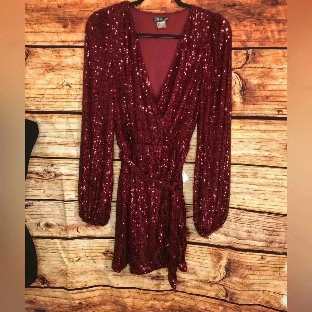 🍒💃🏻Cherry Bomb💃🏻🍒 Red Burgundy Long sleeve Sequin Wrap Dress NWT - Picture 13 of 14